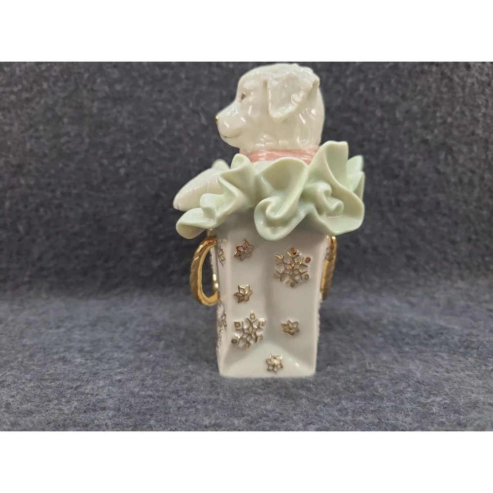Puppy in Bag Figurine Lenox Christmas Playful Present Dog in a Gift Bag Holiday